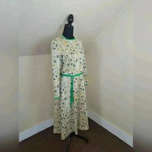 GOLDWORM Wool Knit Vintage Dress Metallic Green Floral Size S - Picture 6 of 15